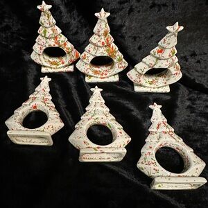 6 Vintage MCM Ceramic Splatterware Napkin Rings White Red Green